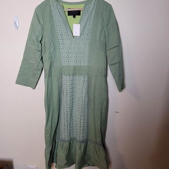 J Crew Long Sleeve Cotton V Neck Midi Dress Laser Cut Sage Size 6 - Picture 1 of 5